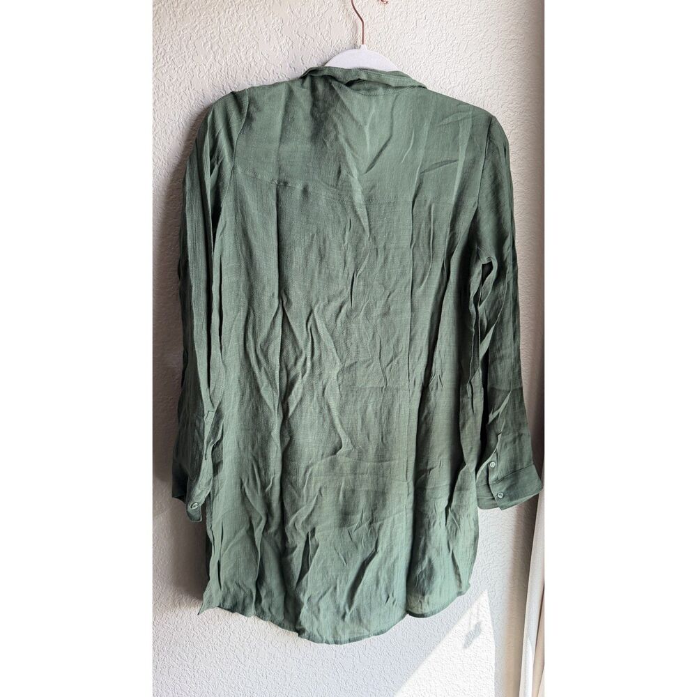H&M Divided Olive Green Button Down Shirt Size 6 Sequin Flamingo Patch - Picture 2 of 9